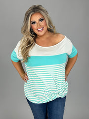 63 CP-I {Ocean Breeze} Teal &  White Stripe Contrast Top PLUS SIZE 1X 2X 3X