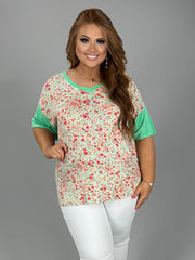 80 CP-P {Finding Myself} Mint Green Floral V-Neck Top PLUS SIZE 1X 2X 3X