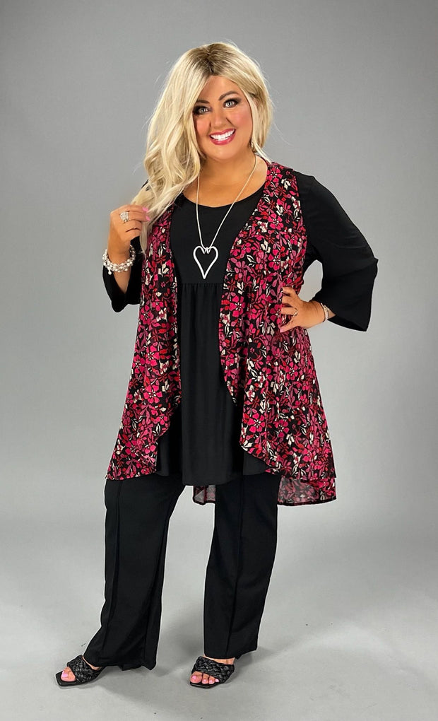 23 OT-B {Getting Flirty} Black Fuchsia Floral Sheer Vest PLUS SIZE 1X/2X 2X/3X