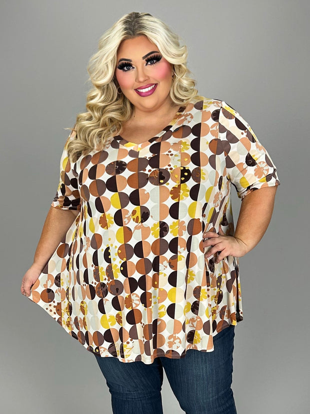 11 PSS {Time for Coffee & Lattes} Ivory/Brown Circle  V-Neck Top EXTENDED PLUS SIZE 3X 4X 5X