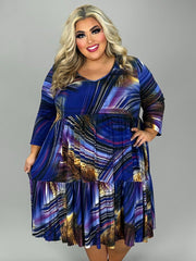 SALE!! 26 PQ {Always On Time} Blue Mixed Print V-Neck Tiered Dress PLUS SIZE 1X 2X 3X