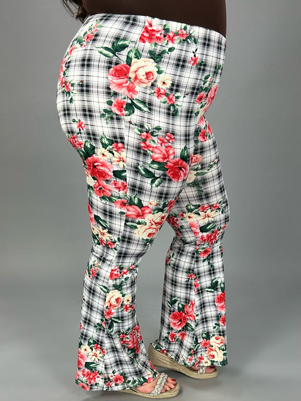 BT-H {Seeing The Beauty} Black/Ivory Plaid Floral Pants PLUS SIZE 1X 2X 3X