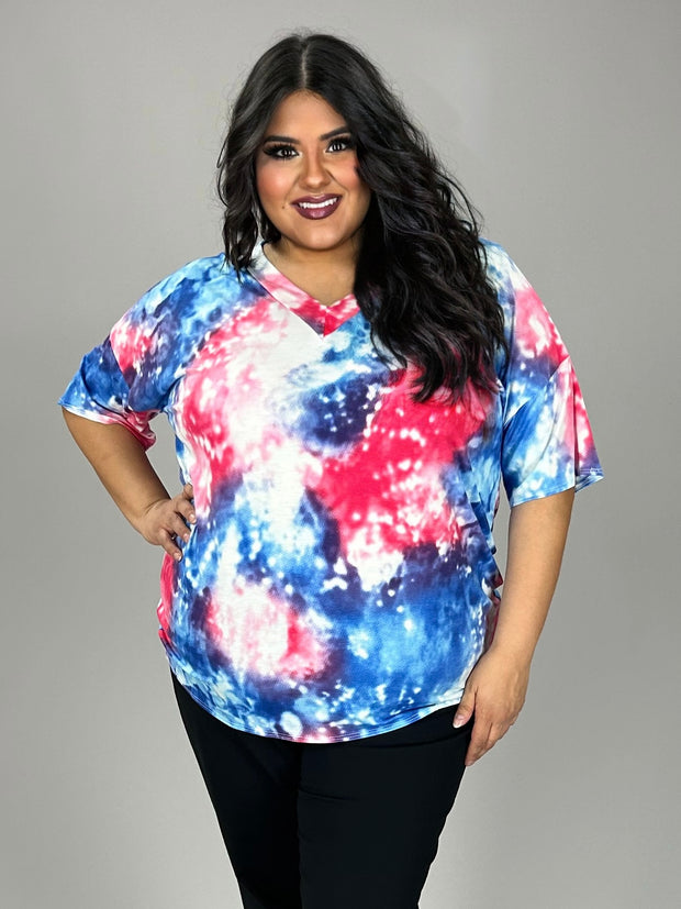 25 PSS {Love Is In The Air} Fuchsia/Blue Tie Dye V-Neck Top PLUS SIZE 1X 2X 3X