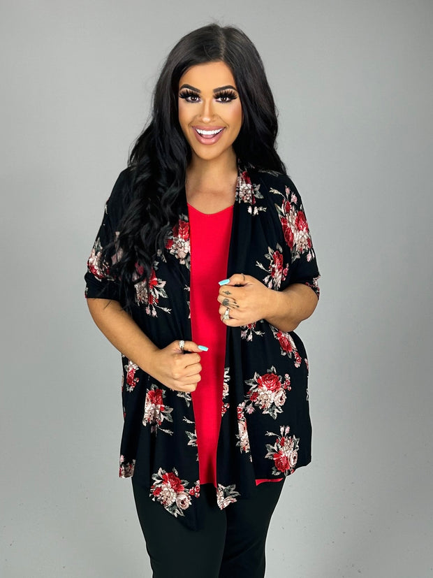 26 OT {Love Of Fashion} Black/Red Floral Print Cardigan PLUS SIZE 1X 2X 3X