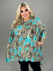 74 PQ {Rose Garden Dreams} Taupe/Blue Asymmetrical  Animal Print Top EXTENDED PLUS SIZE 3X 4X 5X