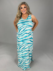 LD-D {All Over Again} Aqua Print Sleeveless Maxi Dress PLUS SIZE 1X 2X 3X