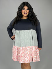 26 CP {Blending In} Grey/Pink Leopard Print Tiered Dress PLUS SIZE 1X 2X 3X