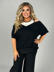 SALE!! 73 OS-B {Elegance Revisited} Black/Ivory Open Shoulder Top PLUS SIZE 1X 2X 3X