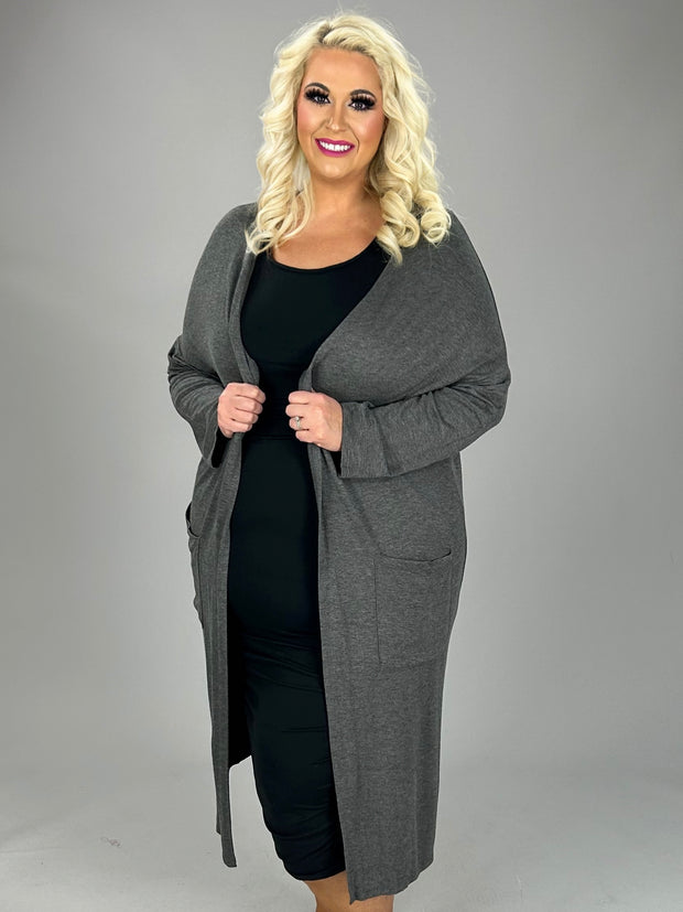 LD-Q {Class And Charm} Charcoal Long Duster w/Pockets PLUS SIZE XL 2X 3X