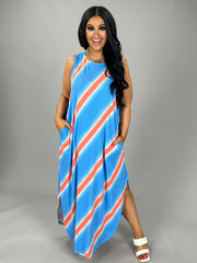 SALE!! LD-S {Big Adventure} Sky  Blue Stripe Print Maxi Dress PLUS SIZE 1X 2X 3X