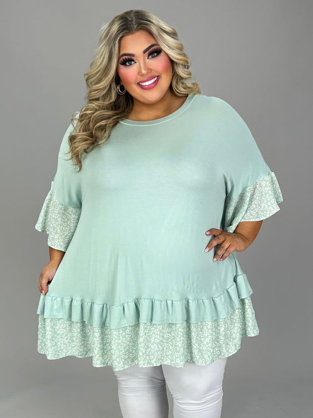 28 CP {Stuck On You} Mint Print Ruffle Sleeve & Hem Tunic EXTENDED PLUS SIZE 4X 5X 6X