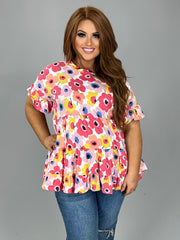 11 PSS-D {Be Amazing Today} Ivory/Pink Floral Tiered Top PLUS SIZE XL 2X 3X