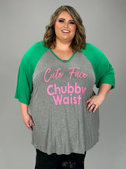 28 GT {Cute Face Chubby Waist} Grey Green Graphic Tee CURVY BRAND!!!  EXTENDED PLUS SIZE XL 2X 3X 4X 5X 6X (May Size Down 1 Size)