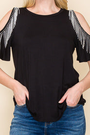 43 OS {Coveted Appeal} VOCAL Black Cold Shoulder Top w/ Rhinestones PLUS SIZE XL 2X 3X