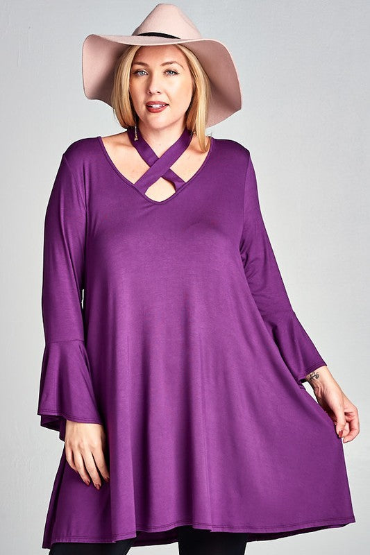 33 SQ {Dreaming Of Elegance} Violet V-Neck w/ Tie Cross Neck Top Detail PLUS SIZE XL 2X 3X