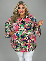 30 PQ {Tropic Dreams} Pink/Green Leaf Print V-Neck Tunic EXTENDED PLUS SIZE 3X 4X 5X