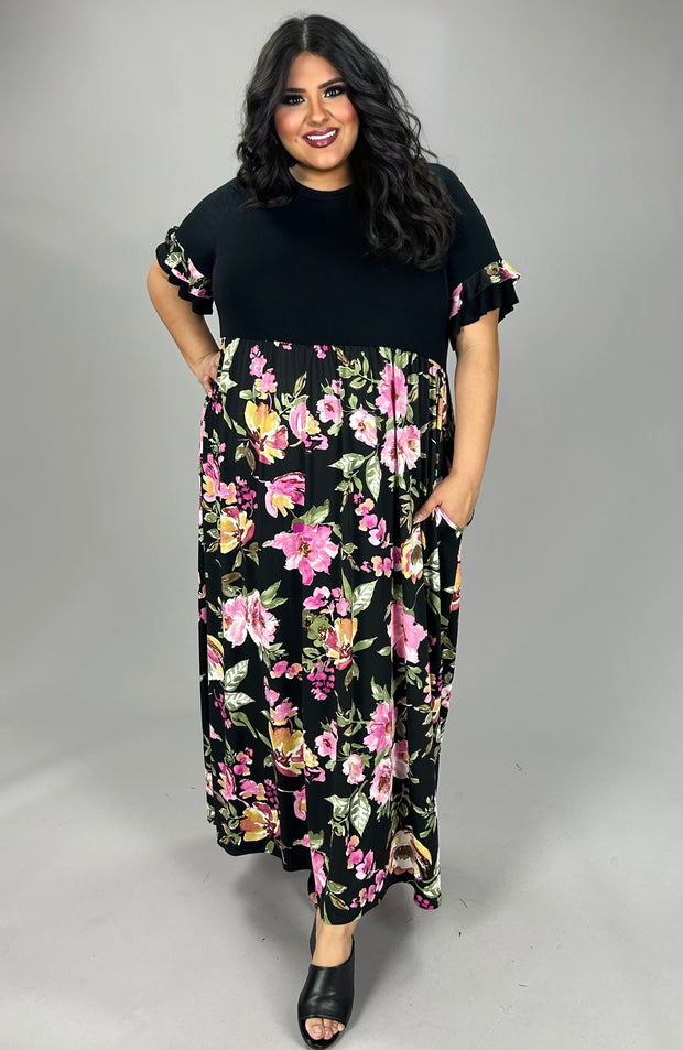 SALE!! LD-Z {Elegant Garden} Black/Pink Floral Print Maxi Dress EXTENDED PLUS SIZE 3X 4X 5X