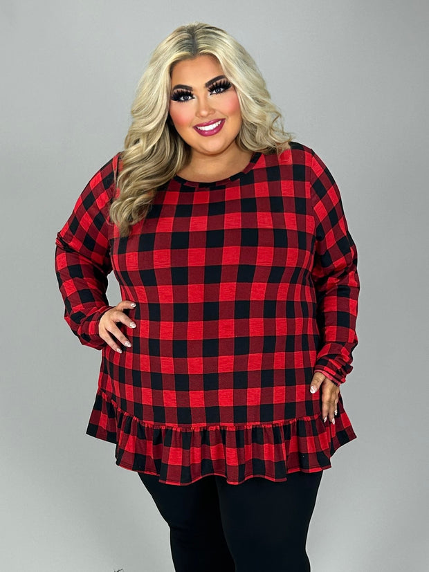 51 PLS {Plaid For You} Red/Black Plaid Ruffle Hem Top EXTENDED PLUS SIZE 4X 5X 6X