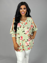 SALE!! 54 OS-D {Cold Rose}  Light Olive Floral Print Tunic Plus Size XL 2X 3X