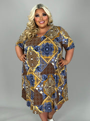 SALE!! 71 PSS {Spectacular View} Brown/Blue Print V-Neck Dress EXTENDED PLUS SIZE 3X 4X 5X