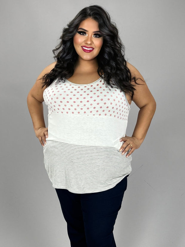 SV-F {Sugarcoat It} Ivory/Blush Polka Dot Striped Tank PLUS SIZE 1X 2X 3X