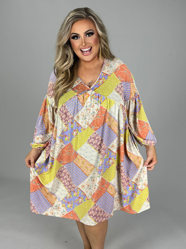 SALE!! 52 PQ {Beautiful Routine} Blue/Peach Mixed Print Dress PLUS SIZE 1X 2X 3X