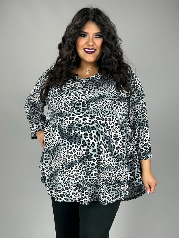 SALE!! 18 PQ {Leopard Lovie} Grey/Black Leopard V-Neck Top EXTENDED PLUS SIZE 3X 4X 5X