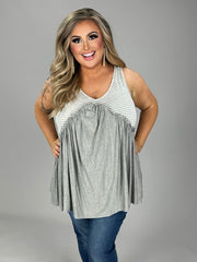 98 SV-B {All For Fun} Heather Grey Stripe Print Top