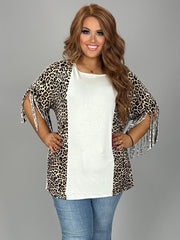 27 CP-J {Landing On Cue} Ivory/Leopard Fringe Top PLUS SIZE XL 2X 3X