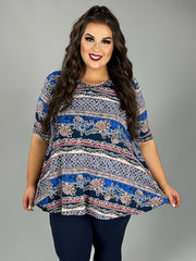 62 PSS {Best Case Scenario} Blue Floral Stripe Print Top EXTENDED PLUS SIZE 3X 4X 5X