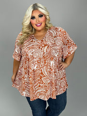 59 PSS {Becoming An Icon} Rust Multi Print V-Neck Top EXTENDED PLUS SIZE 3X 4X 5X