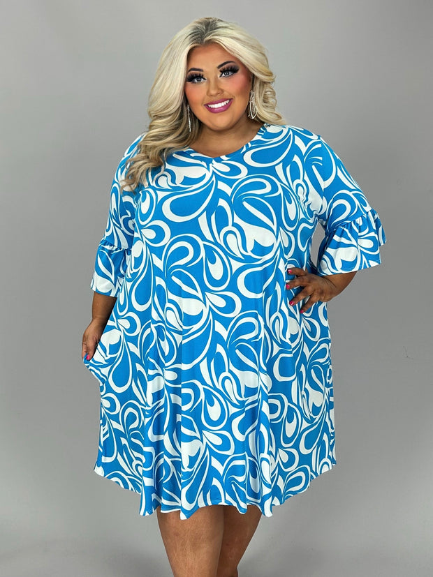 78 PQ {Lovely New Day} Aqua Swirl Print V-Neck Dress EXTENDED PLUS SIZE 4X 5X 6X