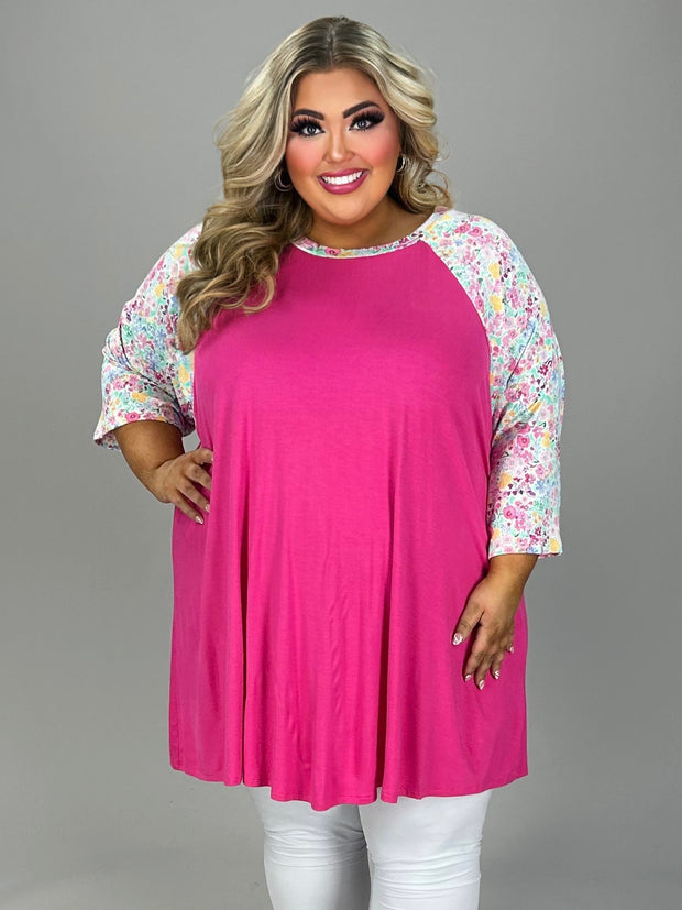 28 CP {My Time To Flourish| Fuchsia Tunic w/Floral Sleeves EXTENDED PLUS SIZE 4X 5X 6X