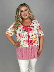 SALE!! 37 CP {Media Fav} Ivory/Raspberry Floral Stripe Print Top PLUS SIZE 1X 2X 3X