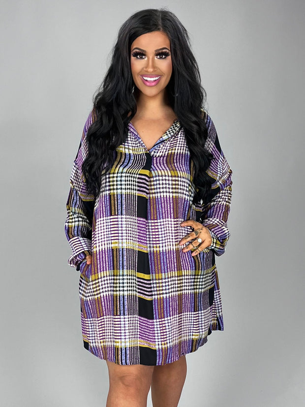 SALE!! PLS-N "UMGEE" Purple/Mustard Plaid V-Neck Collar Dress