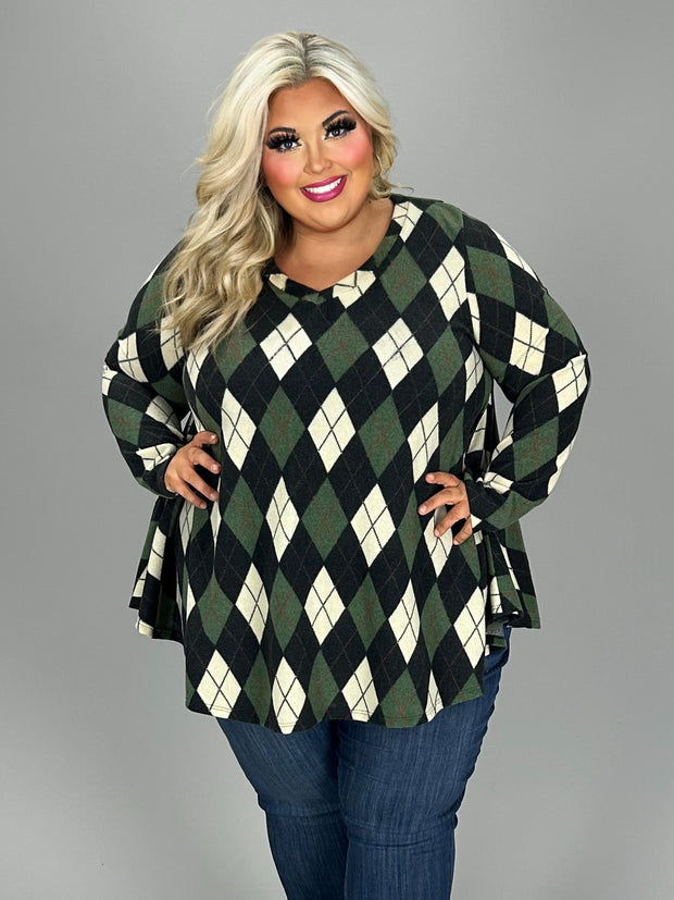 27 PLS {Focused Fashion} Green/Black Diamond Print Top EXTENDED PLUS SIZE 3X 4X 5X