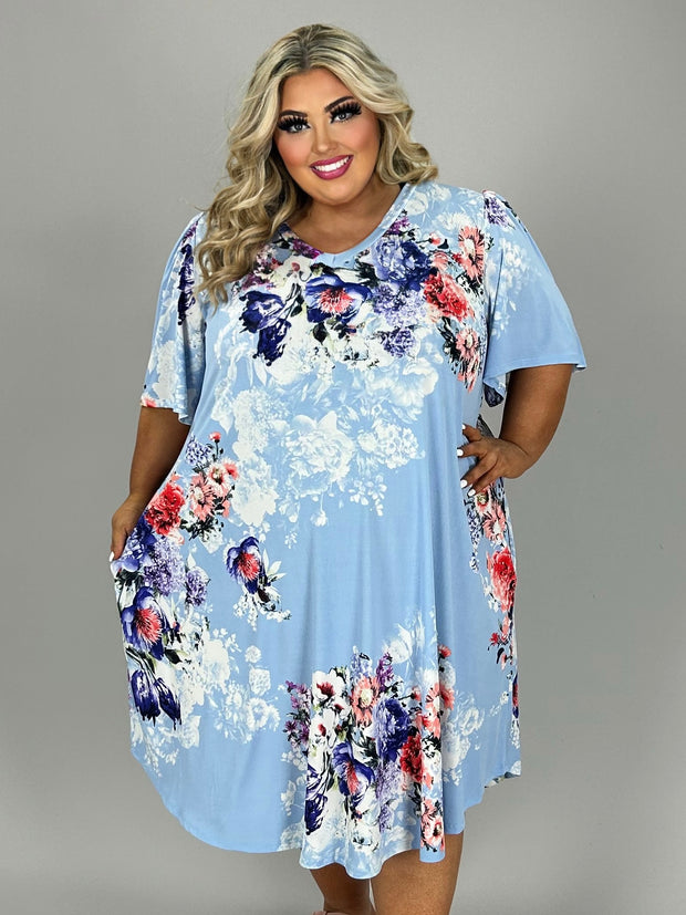 67 PSS {Above The Clouds} Light Blue Floral V-Neck Dress EXTENDED PLUS SIZE 3X 4X 5X