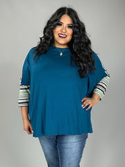 SALE!! 19 CP {Ready To Love} Dark Teal Top w/Striped Sleeves PLUS SIZE 1X 2X 3X