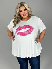 SALE!! 30 GT-R {Blowing Kisses} White/Fuchsia Lips Graphic Tee CURVY BRAND!!!  EXTENDED PLUS SIZE XL 2X 3X 4X 5X 6X (May Size Down 1 Size}