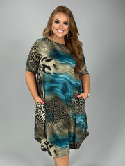 SALE!! 56 PSS-A {Striking Sight} Teal with Mocha Animal Print Dress PLUS SIZE 1X 2X 3X