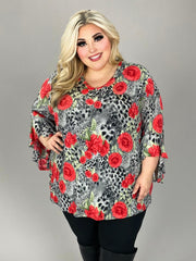 80 PQ {Honest Intentions} Grey/Red Animal & Rose Print Ruffle Sleeve Top  EXTENDED PLUS 4X 5X 6X