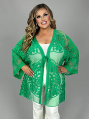 58 OT-T {Never Miss A Beat} "Umgee" Kelly Green Lace Kimono PLUS SIZE XL 1X 2X