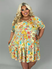 64 PSS {Not Afraid} Mint/Yellow Floral Tiered Dress EXTENDED PLUS SIZE 1X 2X 3X 4X 5X