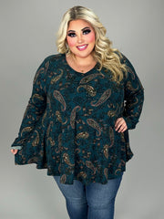 56 PLS {The Way Things Go} Teal Paisley Print V-Neck Top EXTENDED PLUS SIZE 3X 4X 5X