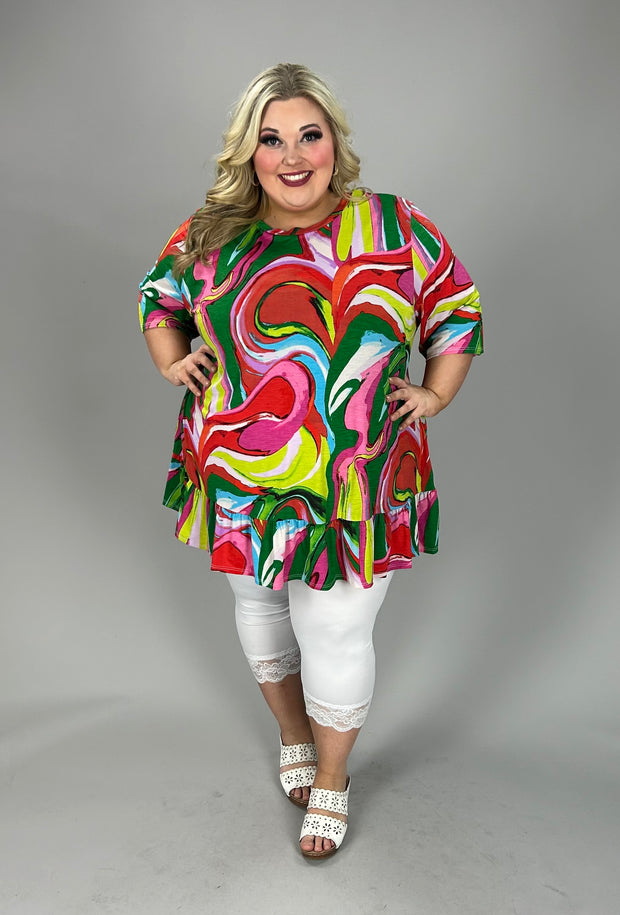 51 PSS {Turn Around} Pink Multi Abstract Print Ruffle Hem Top EXTENDED PLUS SIZE 3X 4X 5X