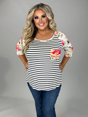 52 CP-D  (Flirty Spring Fling) Ivory Stripe  Floral Tunic 1X 2X 3X Plus Size