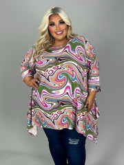 65 PQ {First Swirl} Fuchsia Swirl Print Asymmetrical Top EXTENDED PLUS SIZE 3X 4X 5X