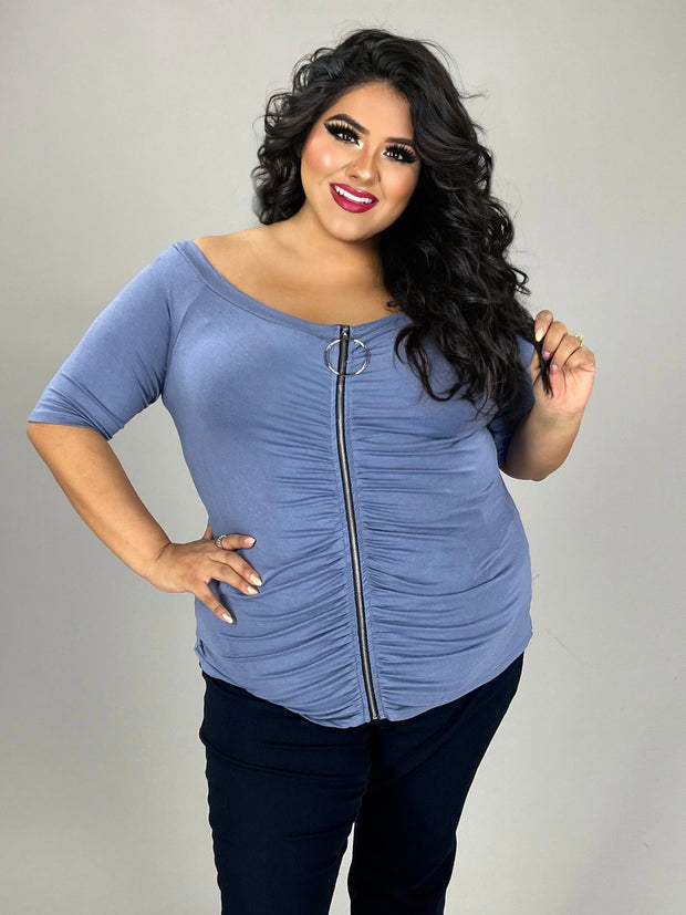 SALE!! 42 OS {What About You} Blue Zip Front Off Shoulder Top PLUS SIZE 1X 2X 3X