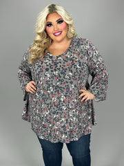 23 PQ {Tame My Heart} Grey Leopard Print V-Neck Top W Ruffle Sleeve EXTENDED PLUS 3X 4X 5X