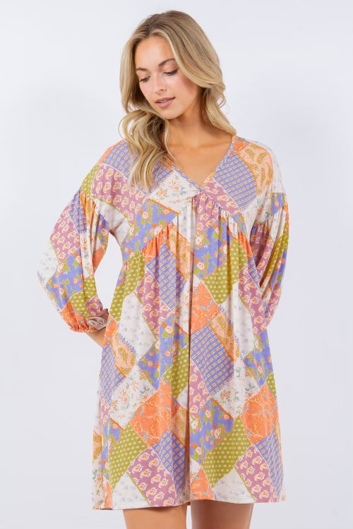 SALE!! 52 PQ {Beautiful Routine} Blue/Peach Mixed Print Dress PLUS SIZE 1X 2X 3X